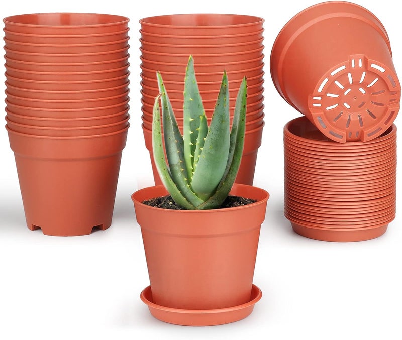SwinDuck 4 inch Small Plant Pots, 28 Pack Plastic Planters with Drainage Holes and Saucers for Flowers Plants, Succulents, Seed Starting Pots, Terracotta - Image 1